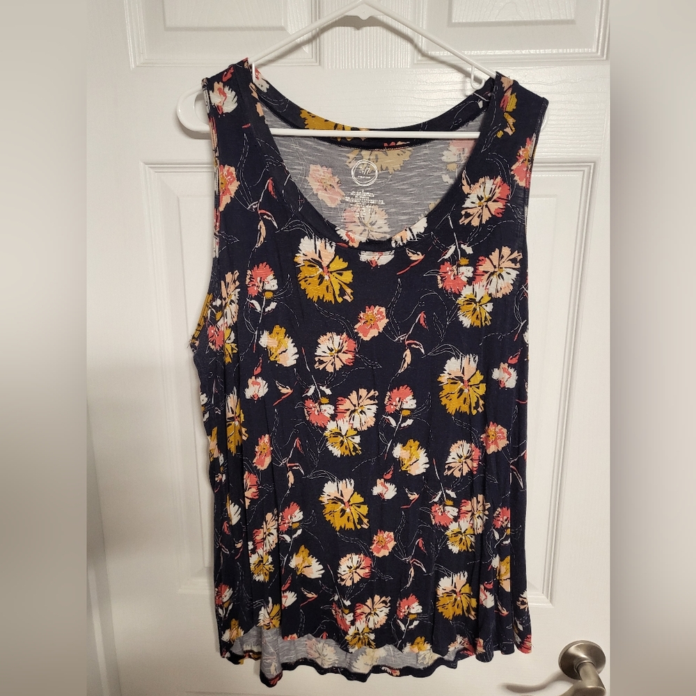 Floral Sleeveless Top - Navy and Yellow